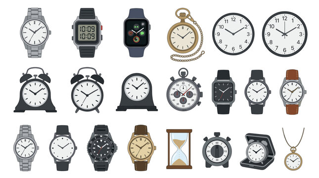 Vintage and modern watch vector collection with wristwatches, pocket watches, alarm clocks and timepiece illustrations isolated on white background