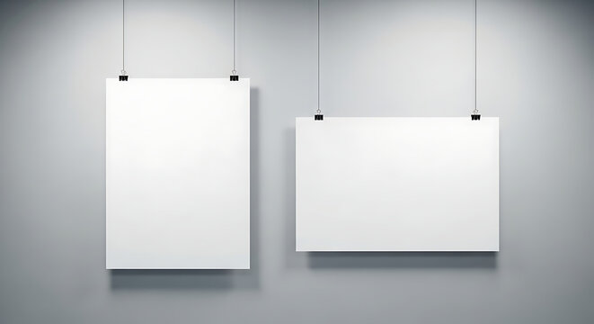 Two empty rectangular white picture frames hanging on grey wall with template minimalist interior decoration rectangle vertical horizontal