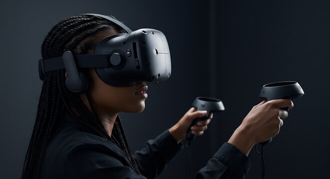 暗闇に浮かび上がるVRヘッドセットとコントローラーを持つ人が未来の仮想空間で集中してゲームや体験を楽しむ姿. AI Generated