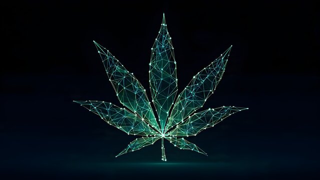 Unik & futuristik: Daun ganja digital yang bersinar dengan pola geometris low-poly & wireframe cyber. Sempurna untuk konsep bioteknologi, inovasi medis, & teknologi masa depan.
