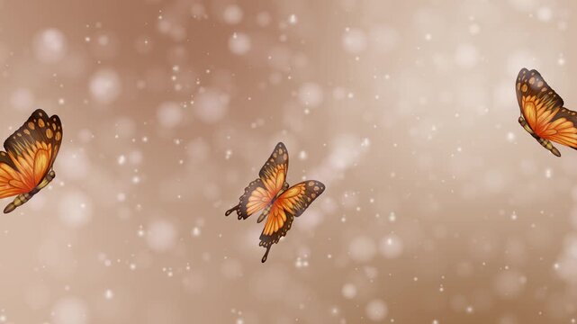 Animated monarch butterflies flying across soft bokeh background with falling snow particles.