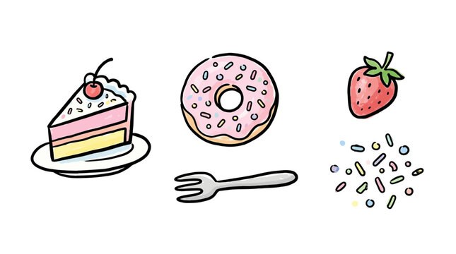 Playful illustration of dessert items including cake, donut, strawberry, and colorful sprinkles suitable for sweet treat themed