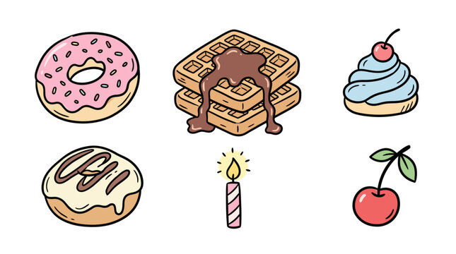 Delicious assorted sweet treats including donuts waffles ice cream and cherry berries in a playful cartoon style