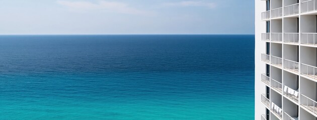 Naklejka premium Hotel building with multiple balconies facing a vibrant blue and turquoise sea under a clear sky, symbolizing coastal vacations and relaxation