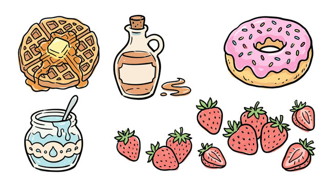Colorful Breakfast Meal with Waffles strawberries and a pink glazed donut with syrup and honey jar on a white background