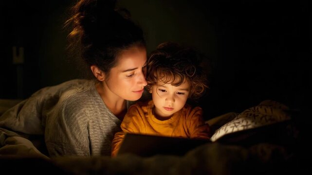 Mother and child reading a book together in bed at night with soft light