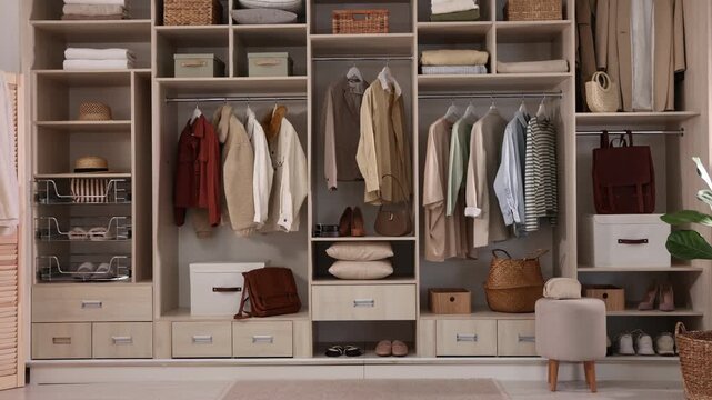 Wardrobe with different stylish clothes and home stuff indoors, zooming in