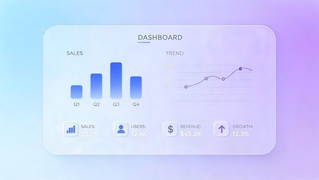 Modern glassmorphism user interface with transparent panels, charts and icons, representing data analytics and digital dashboard.