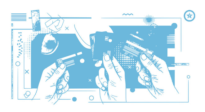 Hands assembling electronic components with tools, schematic illustration