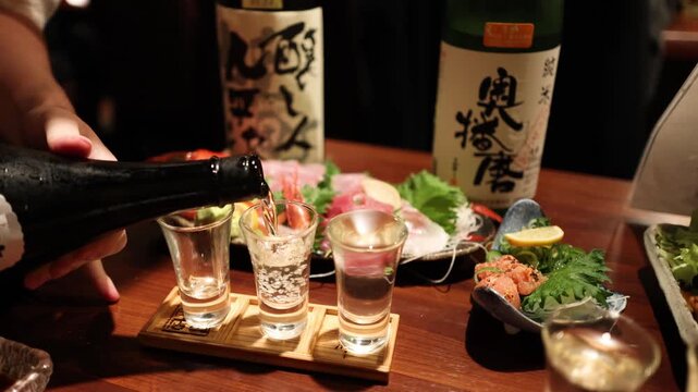 A motion of pouring fresh japanese sake into small glasses for a tasting session at an izakaya restaurant with sashimi and other food in the background.
