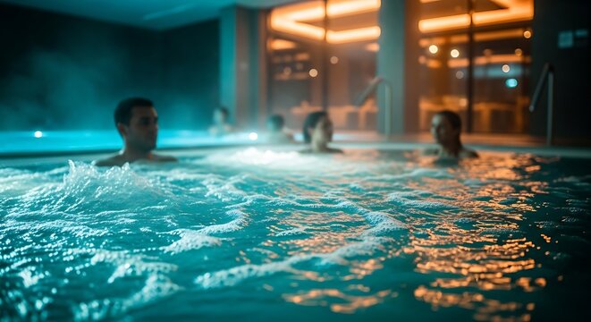 Thermal pool relaxation with people soaking in bubbling hot tub at luxury indoor spa at night featuring shallow depth of field and cinematic lighting for wellness tourism marketing