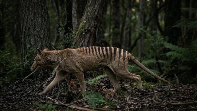 Realistic 3D animation of an extinct Thylacine Tasmanian tiger walking through a dense prehistoric forest for educational documentaries cinematic storytelling and historical recreations