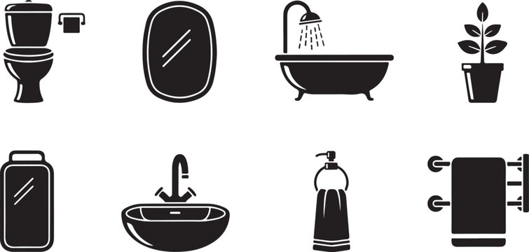 Bathroom icons set with toilet sink bathtub and plant on white background