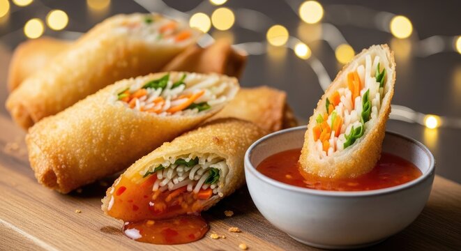 Delicious Crispy Spring Rolls with Sweet Chili Sauce.