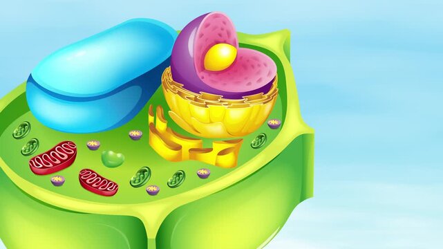 Animated plant cell anatomy diagram showing nucleus vacuole chloroplast and other organelles with labels for science education.