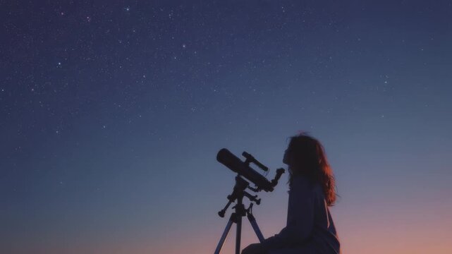Silhouette of a woman observing the starry night sky through a telescope