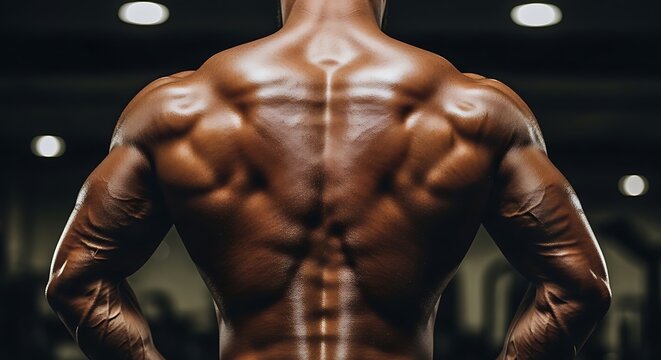 Muscular male back exhibiting intense definition in a dark gym with dramatic lighting and sharp focus for fitness and sports nutrition marketing
