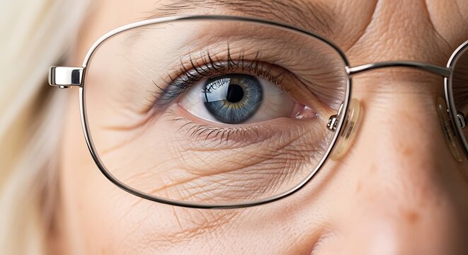 Senior womans blue eye with glasses and wrinkles in macro shot with sharp focus for ophthalmology and anti-aging skincare marketing