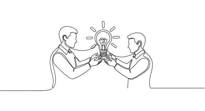 concept of shared innovation and collaborative idea exchange between two individuals in a minimalistic line art style