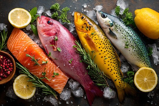 Fresh, colorful fish with lemon and herbs, ready for culinary delight. The arrangement is visually appealing and showcases the freshness of the ingredients. 