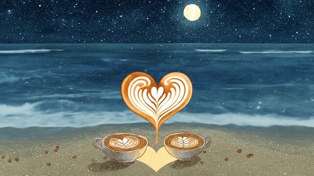 Coffee cups with heart shaped latte art on beach under moon