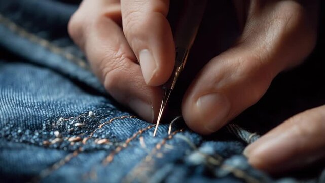 Close-up of hands meticulously embroidering a denim garment with intricate stitching