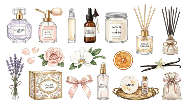 Elegant spa and fragrance vector set with perfume bottles, diffuser, candles, lavender, roses, vanilla, orange, soap and bath accessories