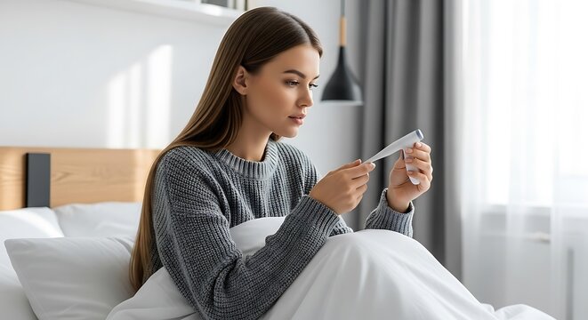 Sick young woman checking thermometer in bed with natural morning light and sharp focus for pharmaceutical marketing and healthcare advertising campaigns