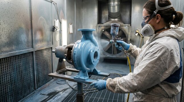 Medium shot of industrial pump undergoing epoxy coating inside a ventilated spray booth highlighting smooth application for enhanced corrosion resistance.