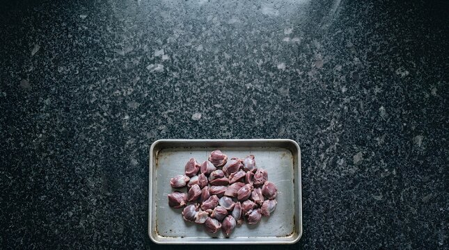 Raw turkey gizzard pieces arranged on a metal tray in the bottom center of a dark granite counter, wide empty upper counter area used as negative space for offal stew or budget protein text.