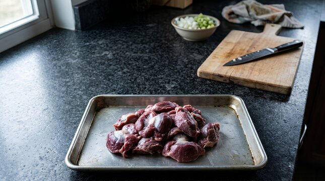 Raw turkey gizzard pieces arranged on a metal tray in the bottom center of a dark granite counter, wide empty upper counter area used as negative space for offal stew or budget protein text.