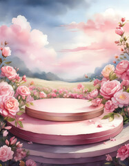 Naklejka premium A soft pink platform surrounded by watercolor roses and a dreamy sky. A delicate and romantic scene. Generative AI.