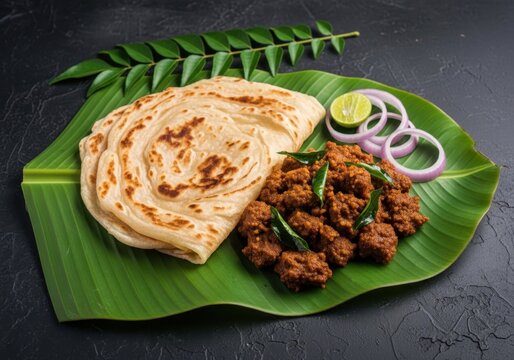 Traditional kerala parotta and spicy beef fry served on a banana leaf with onions and lime