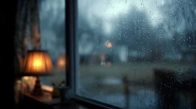 A view of rain falling from the window inside the room.