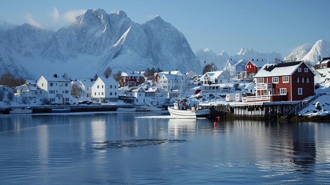 Snow-Covered Nordic Coastal Village With Snowy Mountains Reflected in Tranquil Harbor
