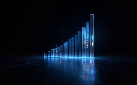 Blue glowing bars rise in a futuristic dark setting with reflective