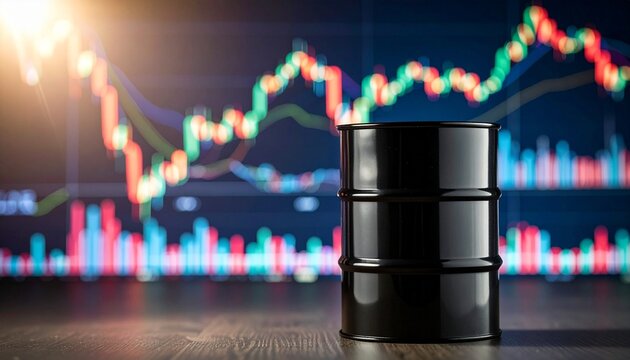 A Black Barrel of Oil Takes the Spotlight with Fluctuating Stock Charts and Global Market Uncertainty. A lavish corporate financial editorial visual depicting the volatile crude oil outlook, volatile 