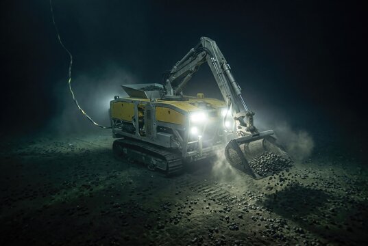 Futuristic ROV trenching ocean floor for controversial deep sea mining
