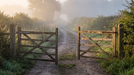 Fototapeta premium Rustic wooden gates opening to a tranquil dirt path in a foggy countryside landscape