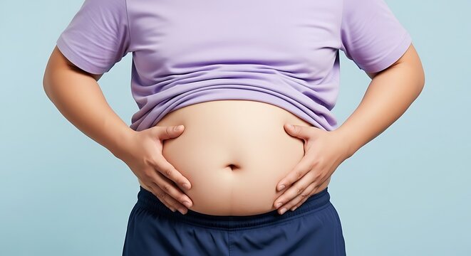 Childhood obesity subject touching bare stomach against a blue studio backdrop with clean composition and sharp focus for metabolic health and nutrition awareness campaigns