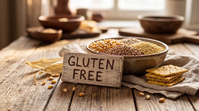 Gluten free grains in a bowl with a sign on a rustic wooden table setting for healthy eating lifestyle