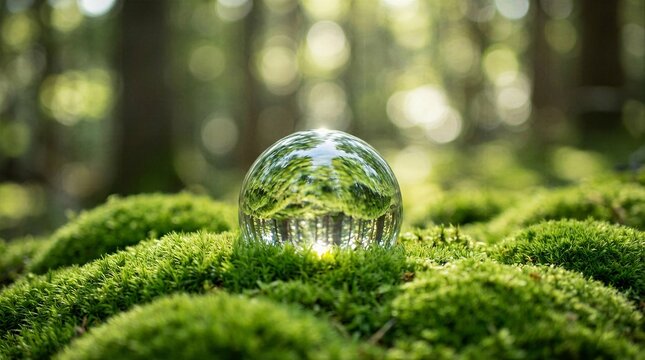 Crystal ball photography showing upside down reflection of green forest trees sitting on lush mossy ground in soft light