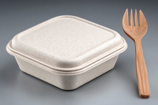 Minimal eco takeout container with a bamboo spork sits against a clean gradient backdrop, perfect for branding sustainable packaging, delivery services, and green food concepts.