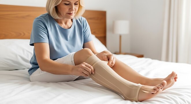Compression stockings applied by a mature woman sitting on a bed in a bright bedroom with sharp focus for phlebology and vascular health marketing