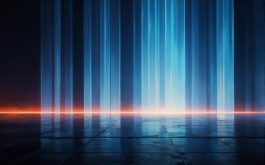 Obraz premium Blue light streams cascade down glowing against dark floor and fiery