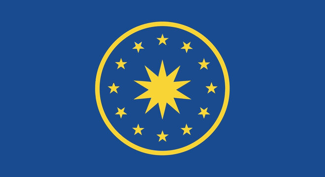 Blue flag with yellow circle, stars, and central emblem