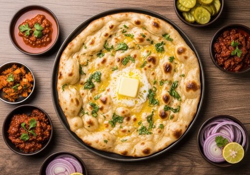 Indian flatbread with butter and herbs served with various curries and condiments on wood, flatbread