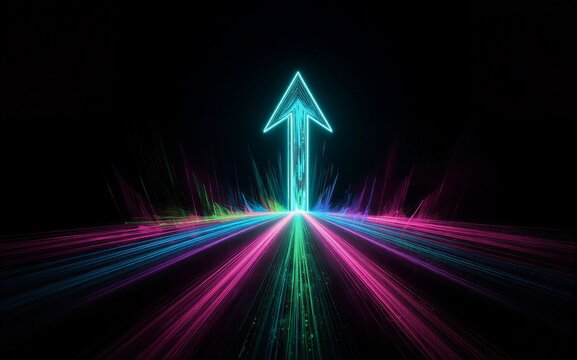 Neon arrow glows brightly guiding vibrant light trails through a dark
