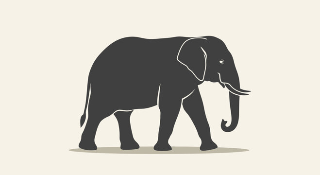 Silhouette of an elephant walking, isolated on a cream background