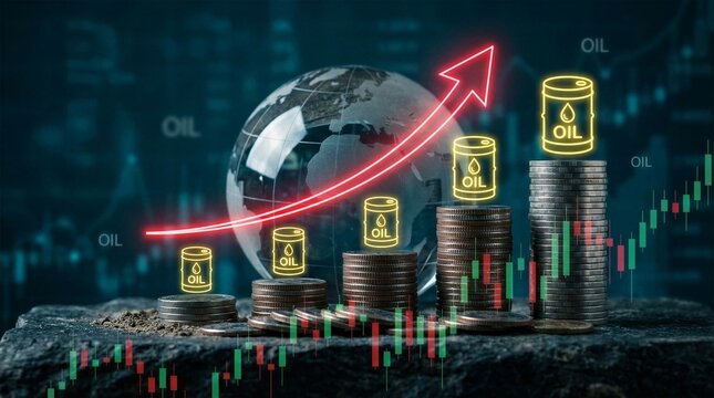 Global oil market financial growth with rising red arrow and stacks of coins featuring oil barrel icons and trading charts